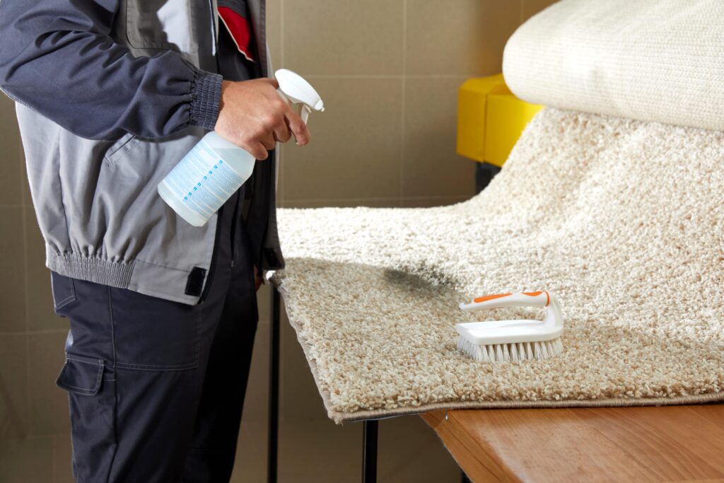 man-spraying-detergent-grey-carpet-remove-stain-professional-cleaning-service-min - carpet vs area rug cleaning bellevue wa